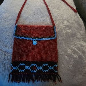 Beaded small bag. Vintage. Long beaded strap. Beaded button closure.